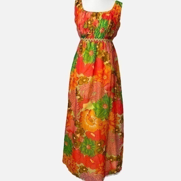 Vintage Dresses & Skirts - Vintage 60’s/70’s Bright Floral poly‎ crepe chiffon Maxi with Mock Smocking